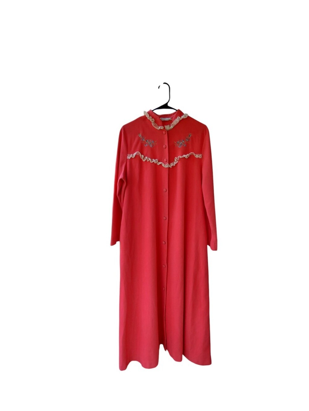 Vintage Coral Button-Front Embroidered Robe with Ruffle Trim - Picture 4 of 6